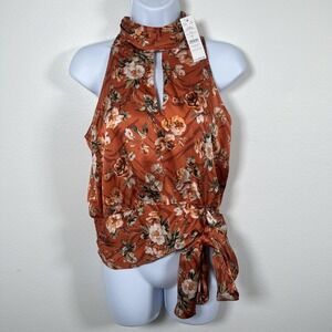 WHBM Womens Satin Blouse Sz 4 Floral Satin Tie Waist Sleeveless Cruise Resort